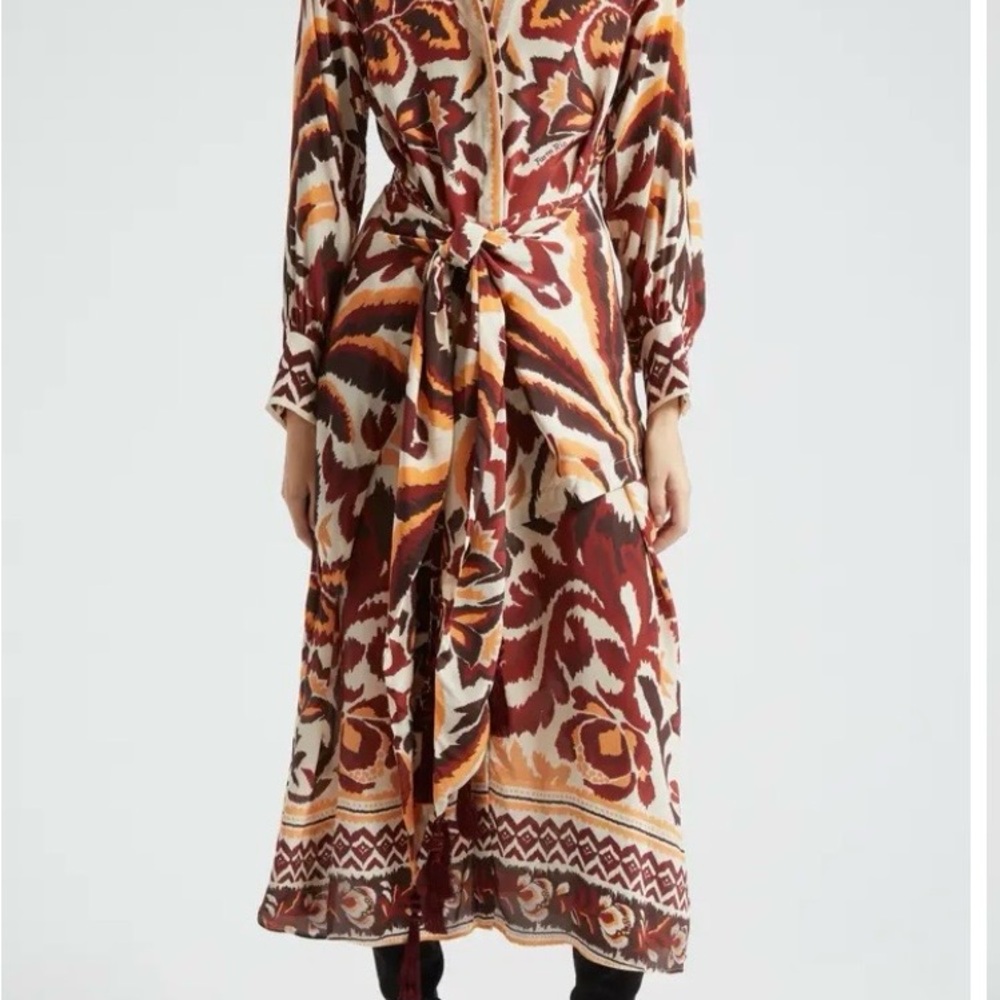 FARM Rio Burgundy, Cream & Mustard Tie-Waist Maxi Dress. size S. Missing Belt